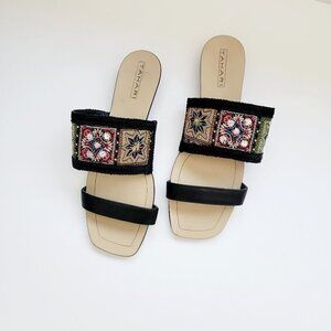 Tahari Fern Beaded Embroidery Square Toe Black Flat Wedge Sandals Size 8.5M